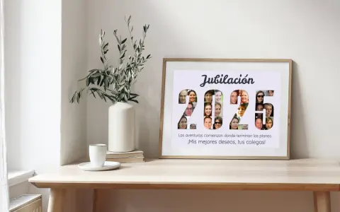 Marco de madera con collage de fotos de personas dentro de los números "2025" y texto de jubilación.