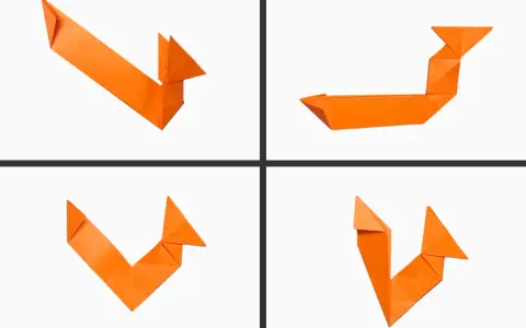 Manualidad ardilla infantil de origami naranja. Cuatro vistas de una figura de papel doblado que representa una ardilla.