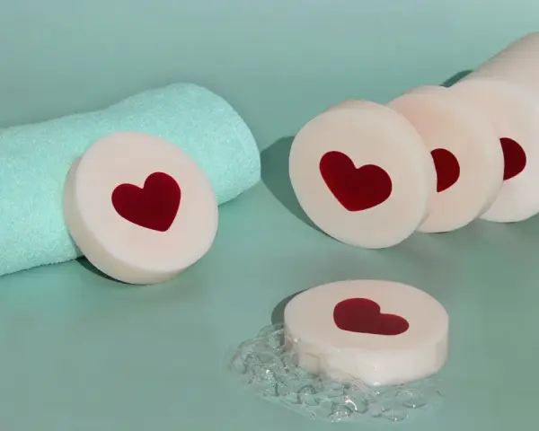 Jabones de glicerina con corazones rojos, listos para hacer jabón. Toalla turquesa y burbujas.