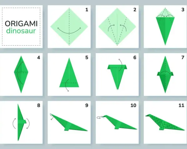 Instrucciones paso a paso para crear un **papiroflexia dinosaurio** verde. El diagrama muestra 11 pasos con flechas indicando los pliegues.