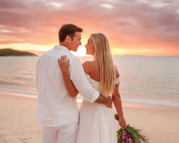Pareja en la playa al atardecer, celebrando bodas románticas. Él, con camisa blanca, la abraza. Ella, con vestido de novia, mira al horizonte.