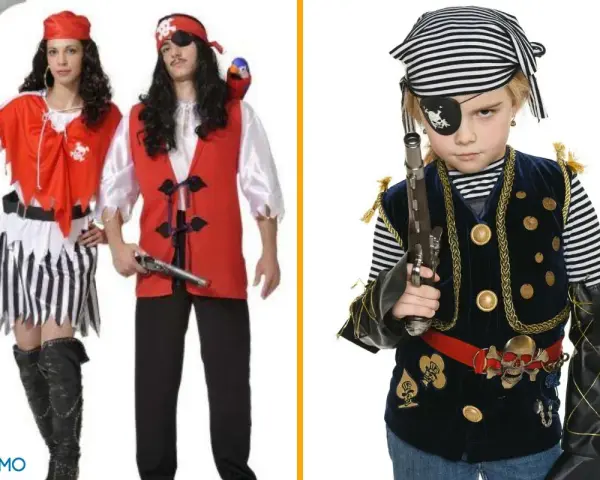 Pareja con disfraz pirata casero y niña pirata con parche y pistola.