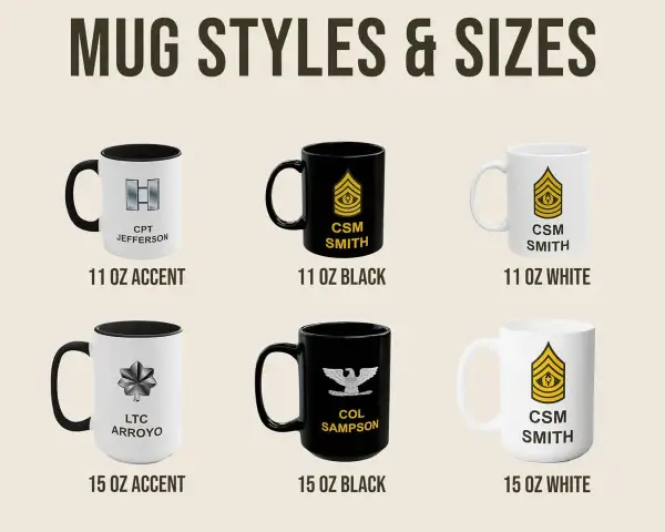 Seis tazas militares de diferentes tamaños y colores, cada una con un nombre y rango militar.