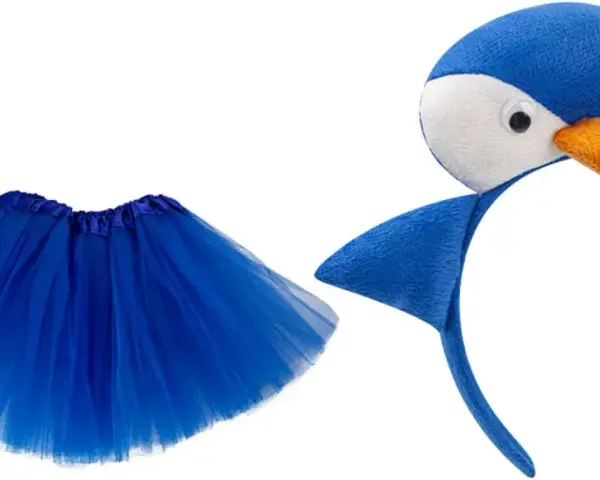 Disfraz de pingüino con tutú azul y diadema de pintacaras pinguino.