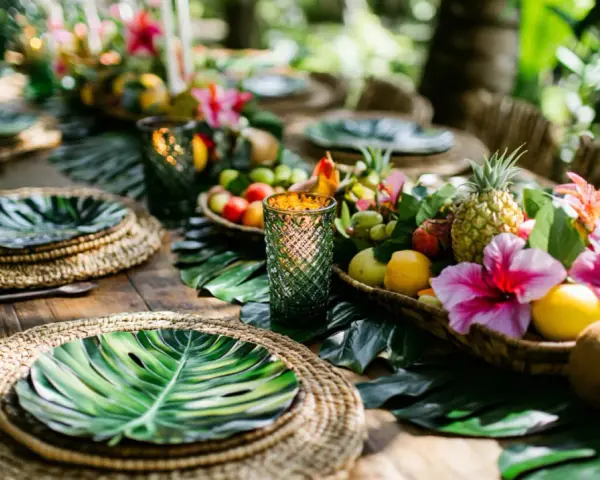 Mesa decorada para una fiesta hawaiana casera, con centros de mesa de frutas tropicales, flores y hojas de palma.