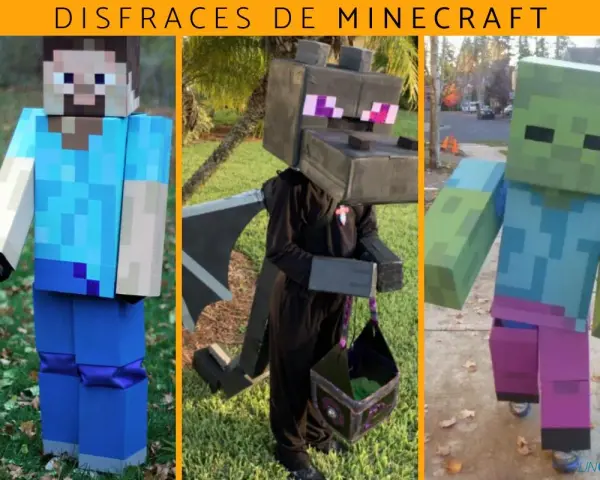 Niño con disfraz casero de Minecraft: Steve, un dragón y un zombi. ¡Perfectos para Halloween!