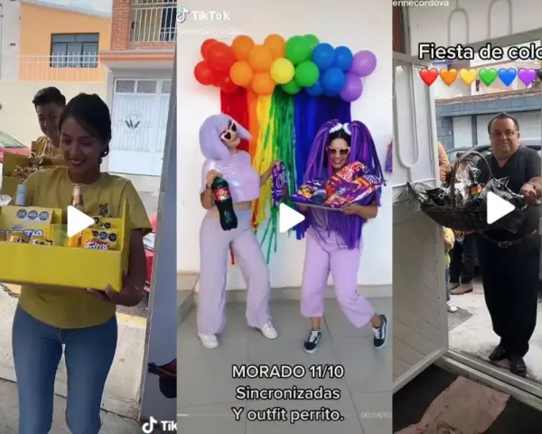 Una fiesta temática de colores vibrantes con globos arcoíris y atuendos morados. Un hombre entrega una canasta de regalos.
