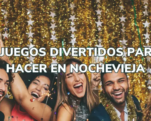 Cinco amigos celebran con confeti y chispas, listos para divertidos juegos para Nochevieja.