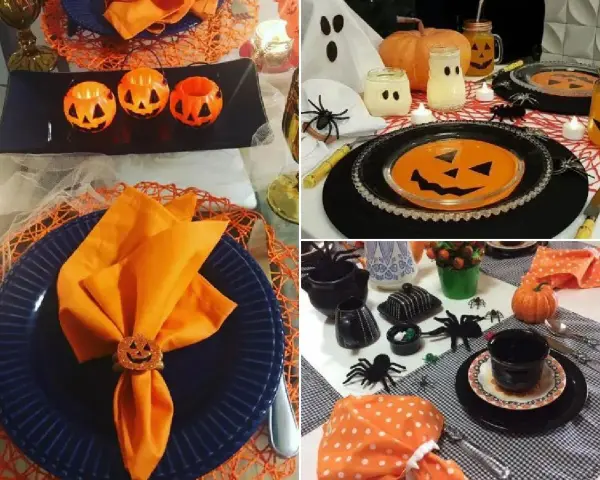 Centros de mesa con calabazas y detalles de Halloween, creando un ambiente festivo y espeluznante.