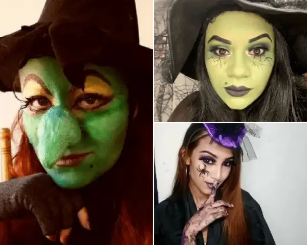 Mujeres con un increíble disfraz de bruja mujer casero, pintadas de verde y con sombreros icónicos.