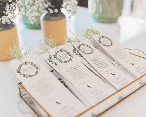 Detalle de invitaciones de boda caseras con diseño floral y versículos bíblicos, listas para entregar.