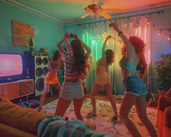 Chicas bailando en una fiesta temática de los 80, con luces de neón y música a todo volumen.