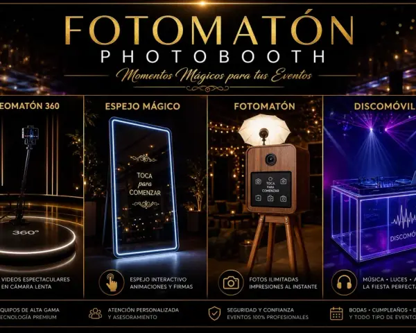 Un fotomatón de madera con luz, un espejo mágico interactivo y un discomóvil para crear momentos mágicos en tus eventos.