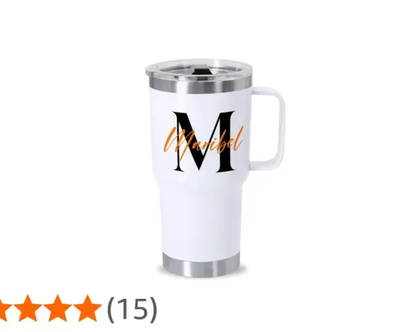 Termo personalizado blanco con la letra "M" y el nombre "Maribel" en naranja. Ideal para llevar tus bebidas.