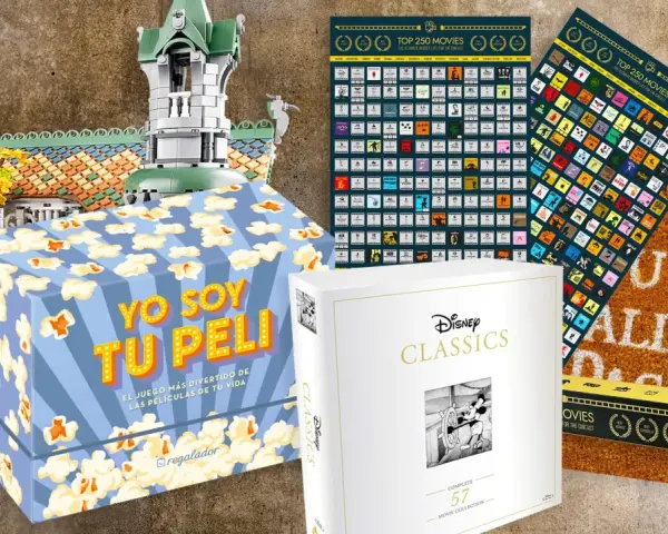 Una caja regalo cine con palomitas, un set de Disney Classics y pósters de películas.