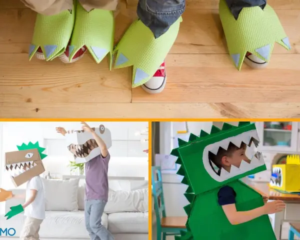 Niños jugando con un disfraz dinosaurio niño casero hecho de cartón y tela. ¡Pura diversión prehistórica!