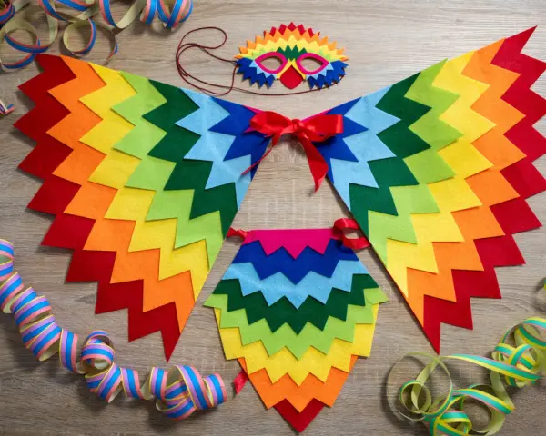 Un colorido disfraz de pájaro casero con alas de fieltro, máscara y adornos de serpentinas, listo para una fiesta.
