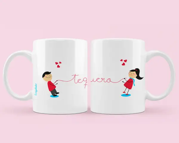 Taza amor con un niño y una niña unidos por un hilo rojo, con corazones.