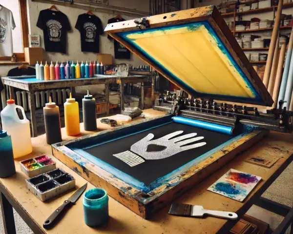Taller de serigrafía que es: máquina con pantalla para estampar mano en camiseta, tintas y camisetas colgadas.