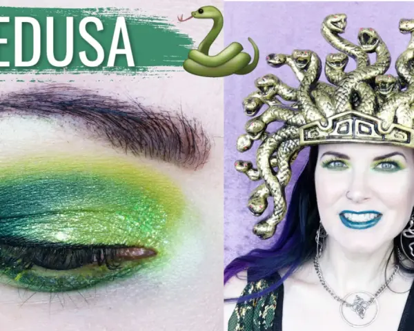 Maquillaje verde y dorado para un disfraz de medusa casero, con serpientes en la cabeza y pendientes.