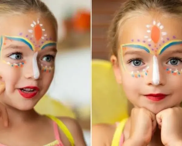 Niña con cara pintada de carnaval, lista para la fiesta.