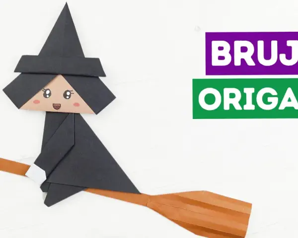 Bruja de origami volando en escoba. ¡Perfectas manualidades Halloween fáciles para crear!