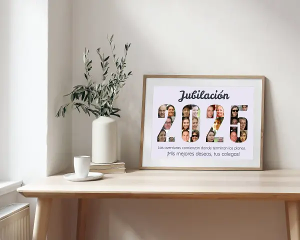 Marco de madera con collage de fotos de personas dentro de los números "2025" y texto de jubilación.