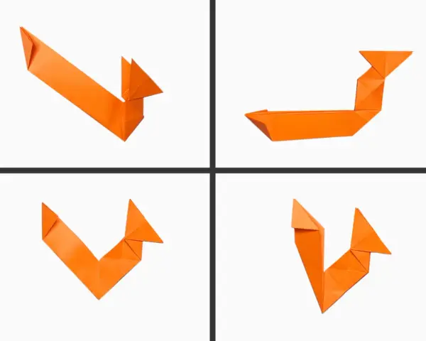 Manualidad ardilla infantil de origami naranja. Cuatro vistas de una figura de papel doblado que representa una ardilla.