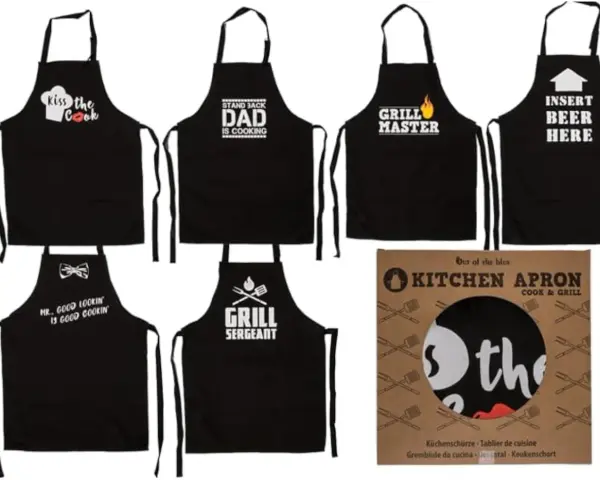 Varios delantales negros con frases divertidas para cocinar y asar: "Kiss the Cook", "Dad is Cooking", "Grill Master", "Insert Beer Here", "Mr. Good Lookin is Good Cookin" y "Grill Sergeant".