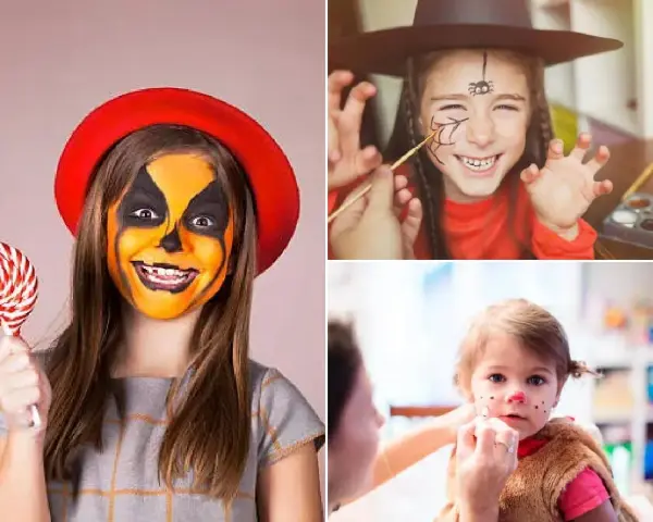 Niños con maquillaje de Halloween: calabaza, araña y animalito. Ideas para como pintar caras de niños fáciles y divertidas.