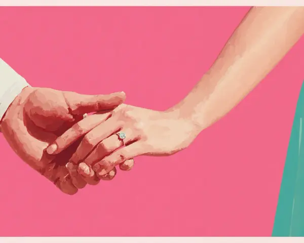 Manos entrelazadas, un anillo de compromiso brilla, anunciando una pedida de mano original y un futuro juntos.