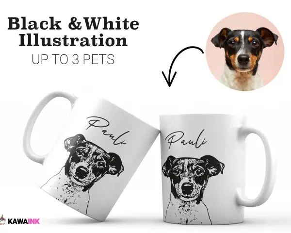 Tazas personalizadas con ilustración en blanco y negro de un perro Jack Russell Terrier, con su nombre "Pauli".