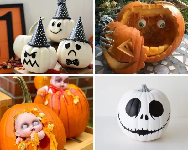 Calabazas decoradas manualidades: caras graciosas, un esqueleto sosteniendo una calabaza tallada, muñecas espeluznantes y Jack Skellington.