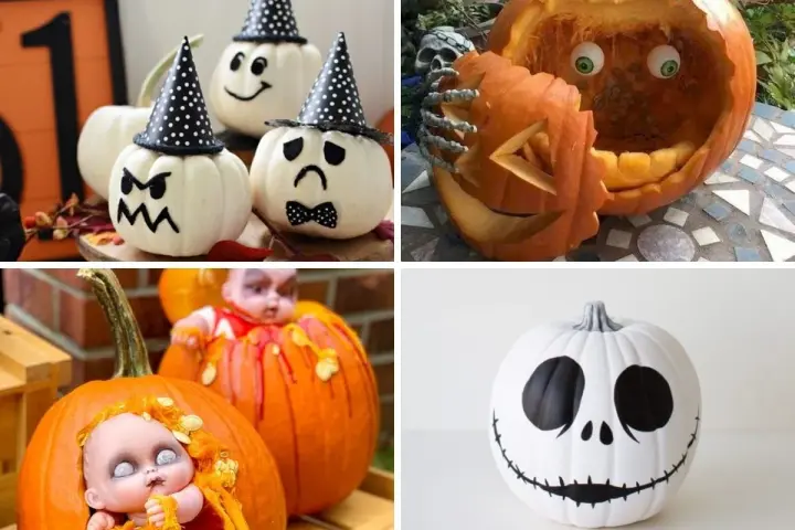 Calabazas decoradas manualidades: caras graciosas, un esqueleto sosteniendo una calabaza tallada, muñecas espeluznantes y Jack Skellington.