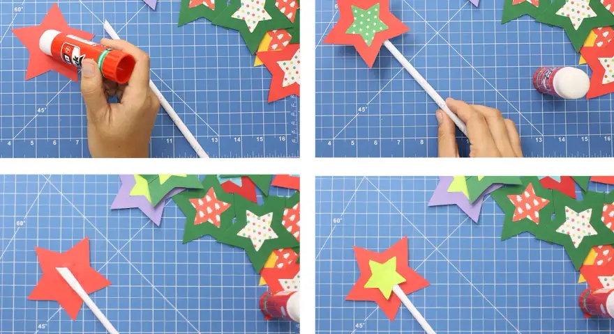 Creando varitas mágicas caseras. Pegando estrellas de papel para dar vida a la magia.