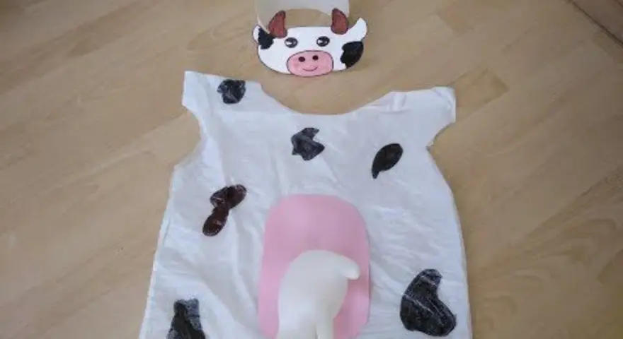 Originales disfraces con bolsas de basura: un traje de vaca blanco con manchas negras y una ubre rosa, junto con una diadema de vaca.