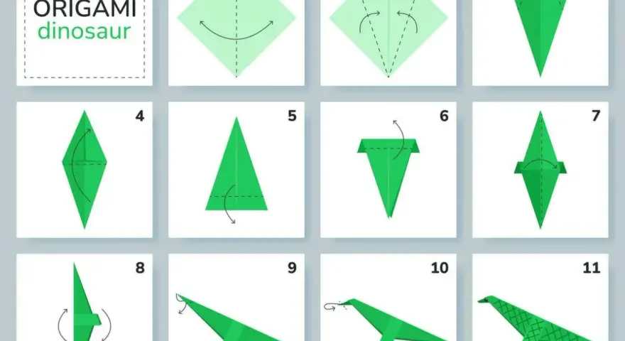Instrucciones paso a paso para crear un **papiroflexia dinosaurio** verde. El diagrama muestra 11 pasos con flechas indicando los pliegues.