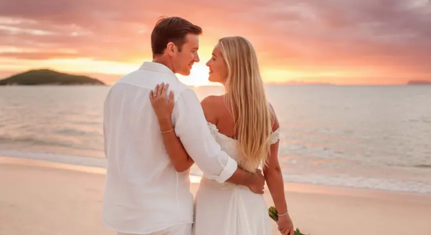 Pareja en la playa al atardecer, celebrando bodas románticas. Él, con camisa blanca, la abraza. Ella, con vestido de novia, mira al horizonte.