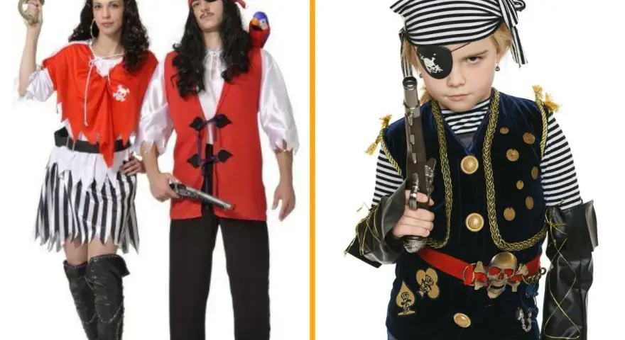 Pareja con disfraz pirata casero y niña pirata con parche y pistola.