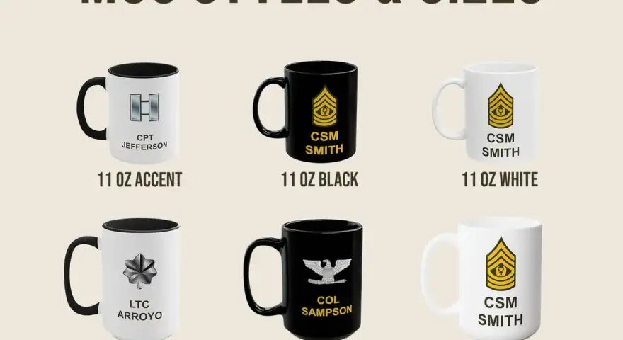 Seis tazas militares de diferentes tamaños y colores, cada una con un nombre y rango militar.