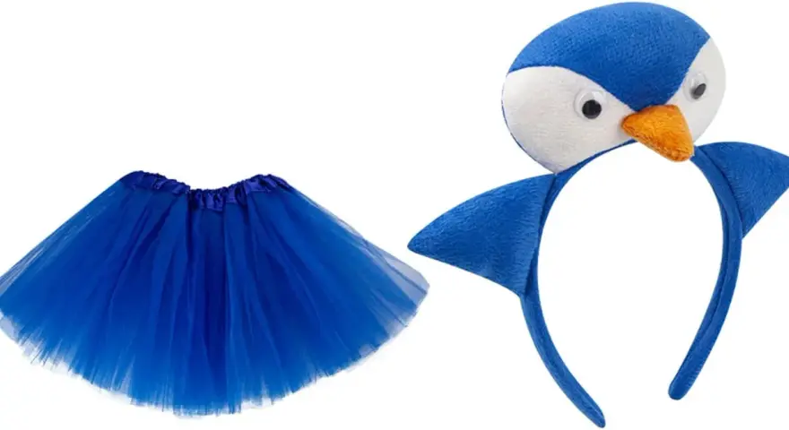 Disfraz de pingüino con tutú azul y diadema de pintacaras pinguino.