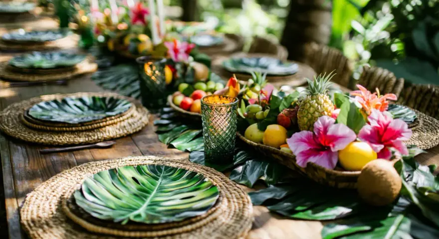 Mesa decorada para una fiesta hawaiana casera, con centros de mesa de frutas tropicales, flores y hojas de palma.
