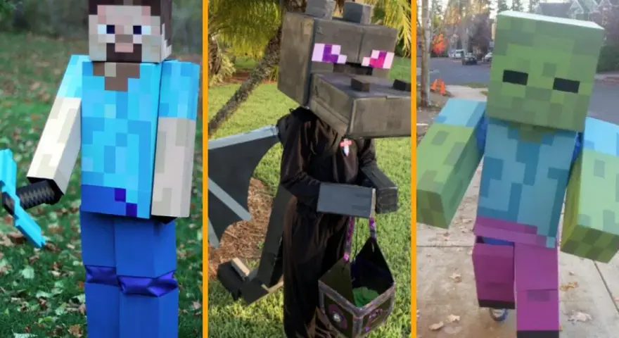 Niño con disfraz casero de Minecraft: Steve, un dragón y un zombi. ¡Perfectos para Halloween!