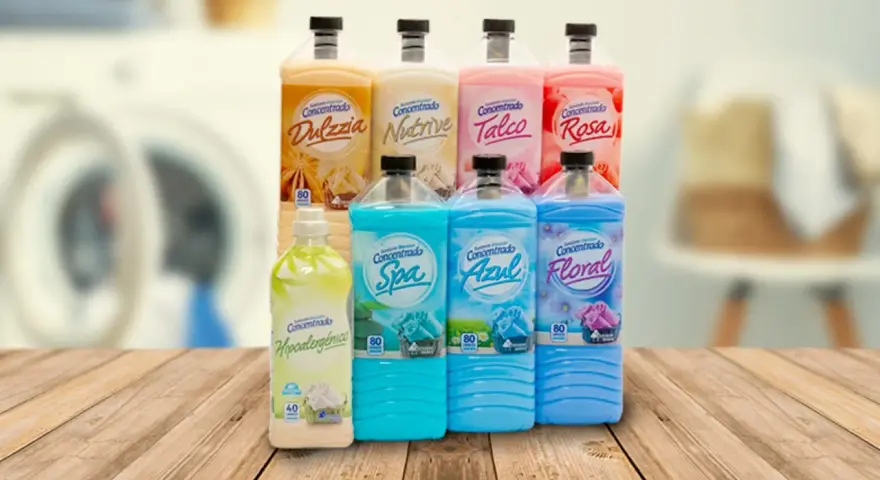 Variedad de suavizantes concentrados, como "Dulzzia", "Nutrive", "Talco", "Rosa", "Spa", "Azul" y "Floral", listos para un mikado casero con suavizante.