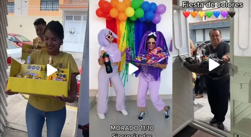 Una fiesta temática de colores vibrantes con globos arcoíris y atuendos morados. Un hombre entrega una canasta de regalos.