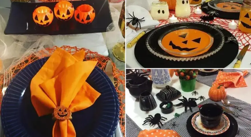 Centros de mesa con calabazas y detalles de Halloween, creando un ambiente festivo y espeluznante.