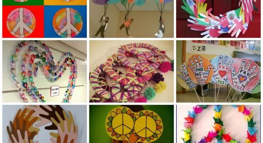 Manualidades originales Día de la Paz: guirnaldas de corazones, coronas de manos, palomas de origami y símbolos de paz.