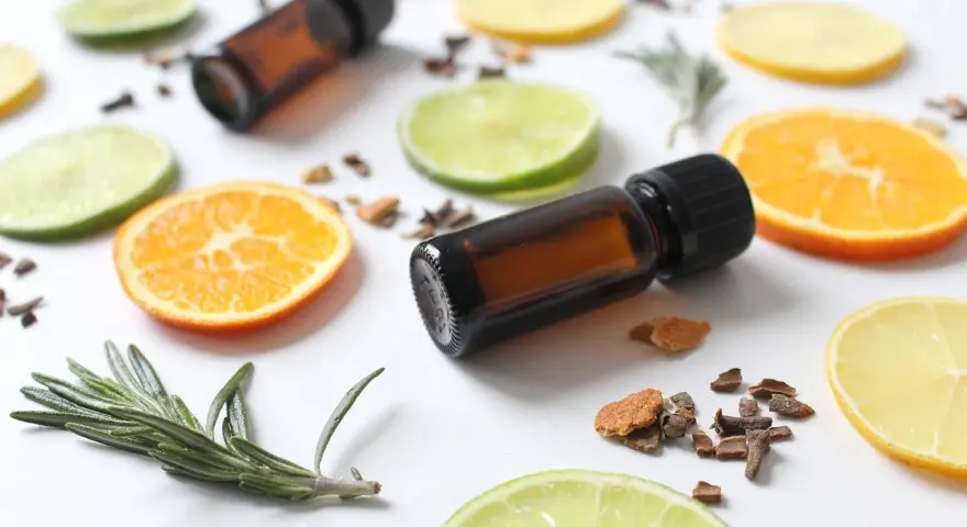 Ingredientes para hacer un ambientador mikado: aceites esenciales, rodajas de cítricos, romero y especias.