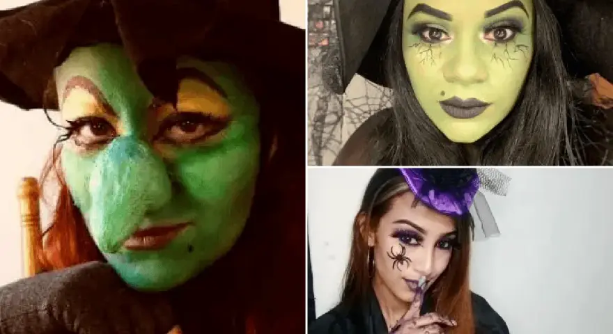 Mujeres con un increíble disfraz de bruja mujer casero, pintadas de verde y con sombreros icónicos.