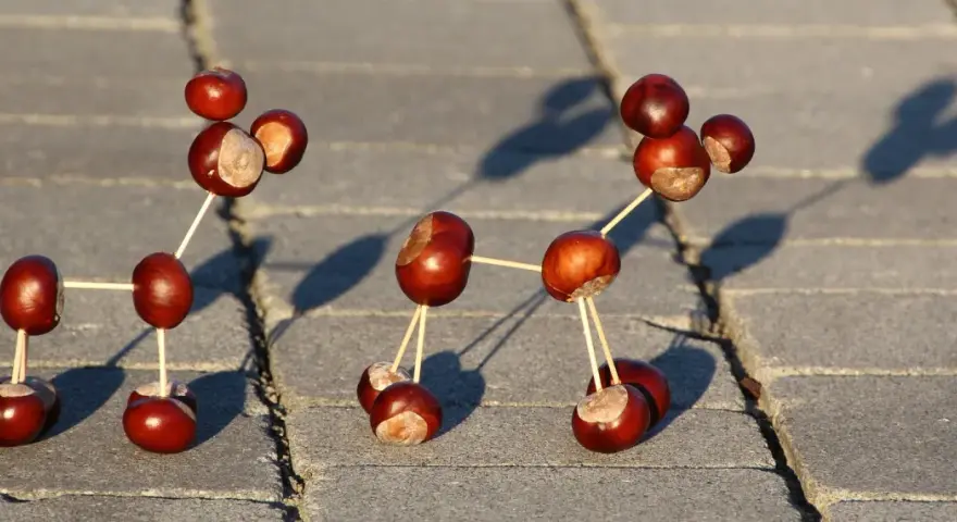 Figuras hechas con castañas y palillos, una divertida manualidad castaña que parece una molécula o un robot.